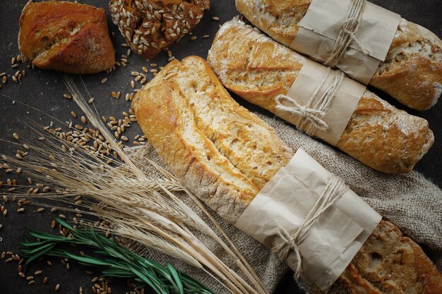 Bread products on the table in composition