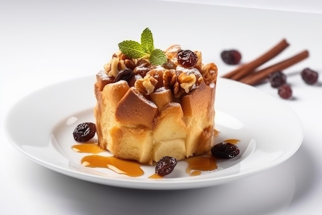 Bread Pudding Vegetarian Dessert On White Background Generative AI