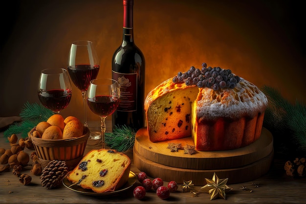 Bread rolls and cakes with wine for new year and christmas panettone