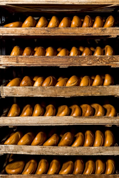 Bread on the shelves Packaged bread Delivery bread in bakery shop