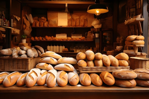 Bread shop Various types of fresh bread loaves on the shelves of a private bakery A modern cozy bakery with various types of bread and rolls