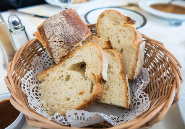 Bread slices in wooden basket