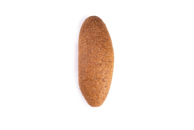 Bread with bran isolated on white hair dryer, top view.