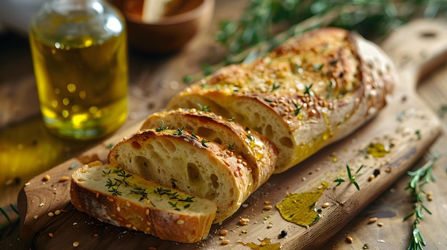 Photo bread with delicious olive oil topping cake served with olive oil