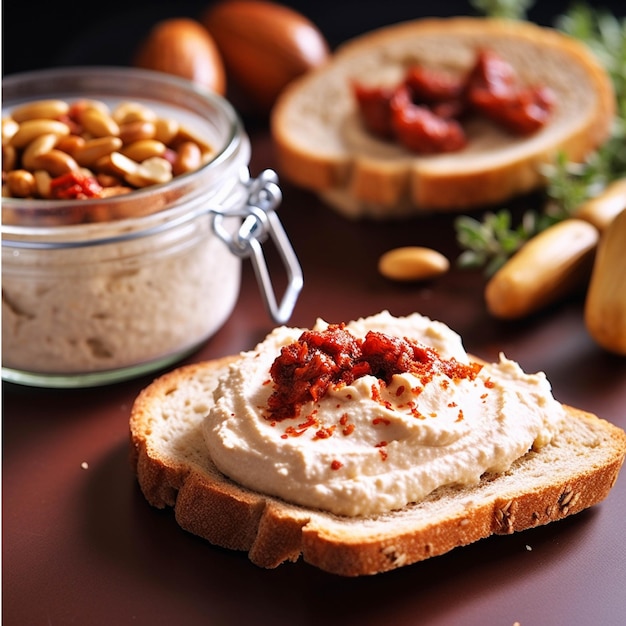 Bread with hummus and nuts on a dark background Selective focus