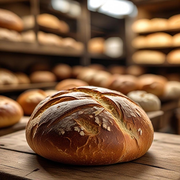 bread on a wooden table with a cracked design on the top