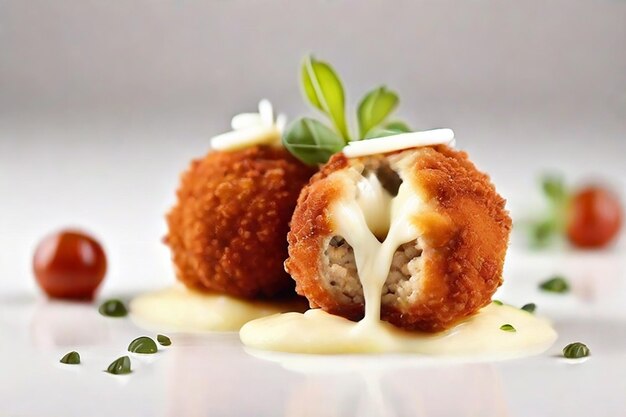 Breaded chicken meat balls with oozing stretchy mozzarella cheese isolated on a white background