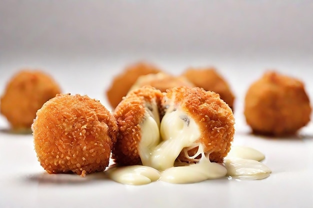 Breaded chicken meat balls with oozing stretchy mozzarella cheese isolated on a white background