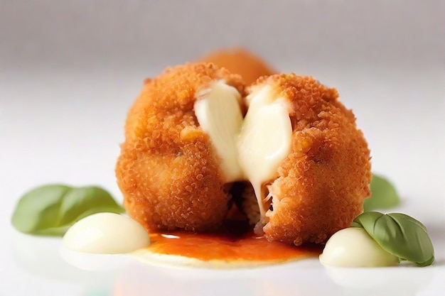 Breaded chicken meat balls with oozing stretchy mozzarella cheese isolated on a white background