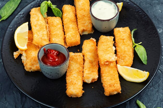 Photo breaded fish fingers with lemon fish sticks