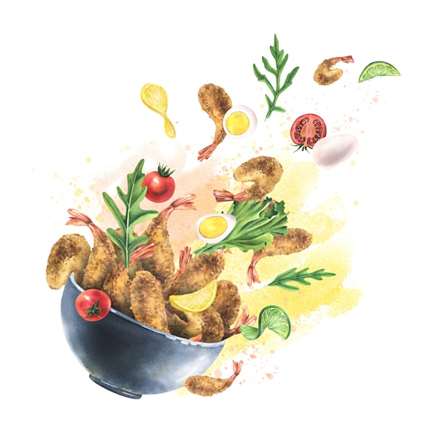 Breaded shrimp tempura in a ceramic bowl with arugula cherry tomatoes quail eggs lime and lemon Watercolor illustration Levitation composition from the collection of SHRIMP For menus