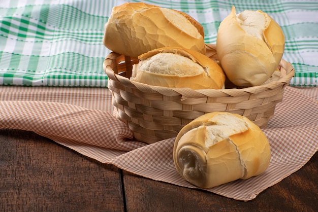 Breads in a basket on checkered tablecloth over rustic wood