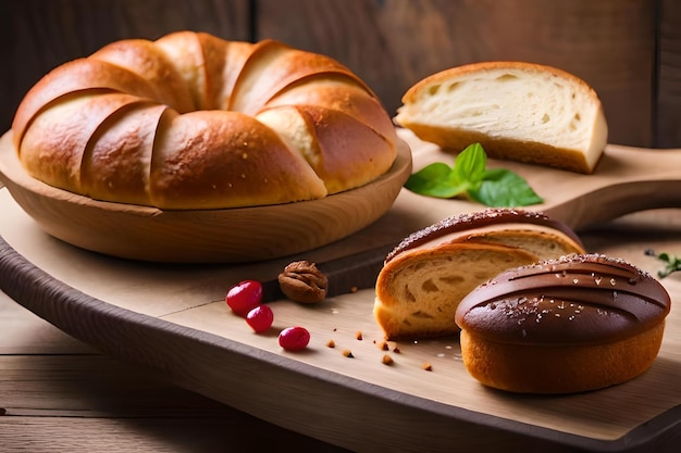 Breads on a cutting board with a croissant and a loaf of bread