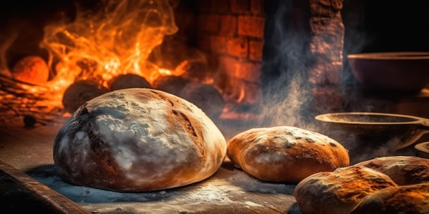 Breads in front of a fire in a brick oven