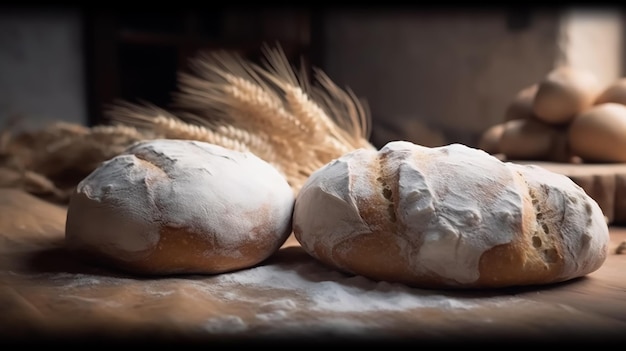 Breads on a table with a black background