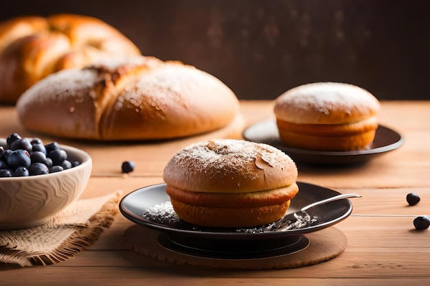 Breads on a wooden table with cups of food and cups of coffee.