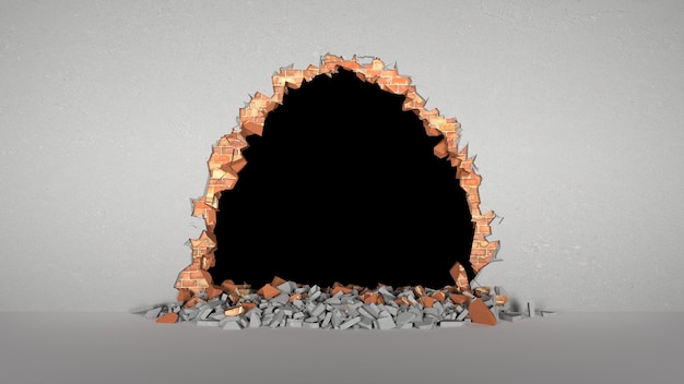 Break in a brick wall covered with plaster in the form of a semicircle, 3d illustration