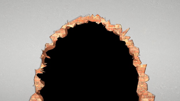 Break in a brick wall covered with plaster in the form of a semicircle, 3d illustration