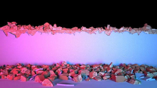 Break in a brick wall covered with plaster horizontally in neon lighting, 3d illustration