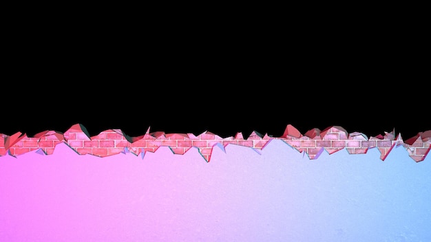 Break in a brick wall covered with plaster horizontally in neon lighting, 3d illustration