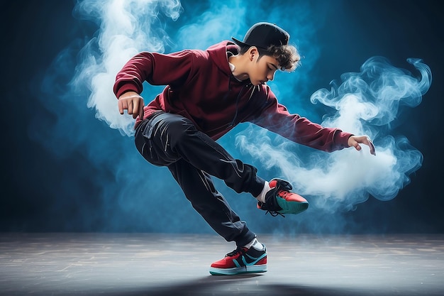 Photo break dance party young man break dancing on blue smoke background