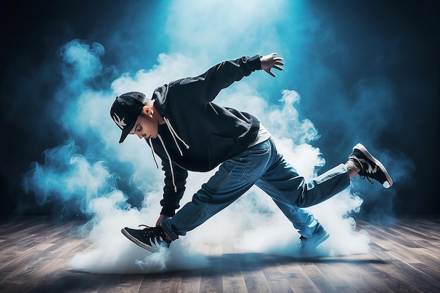 Photo break dance party young man break dancing on blue smoke background