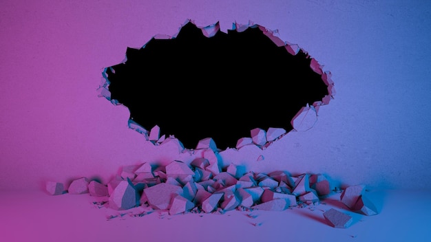 break in the wall in the form of an oval in neon lighting, 3d illustration