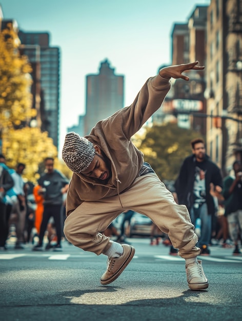 Photo breakdancers showcasing impressive moves on a city street