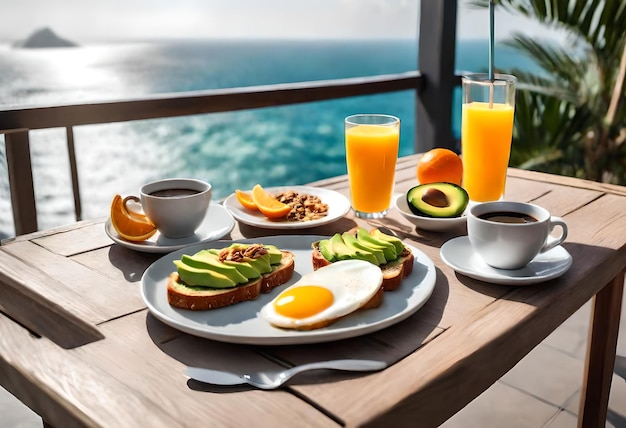 breakfast on a balcony with a view of the ocean