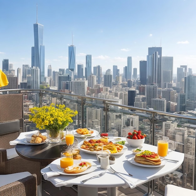 Breakfast on a balcony with a view of the skyline