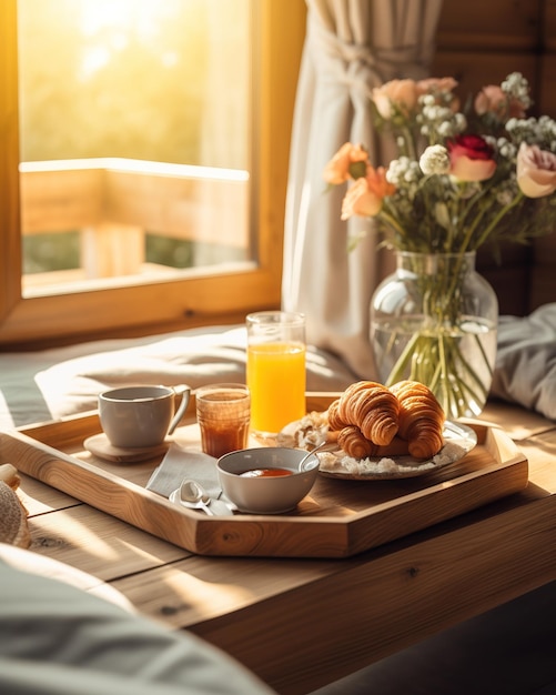 Breakfast on a bed in a hotel room