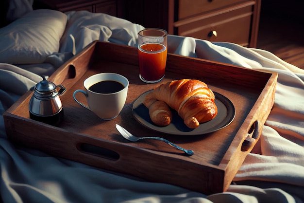 Breakfast in bed with croissants delicious healthy fresh food