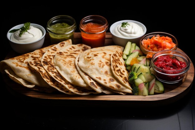 Breakfast board with crepes and side ingredients