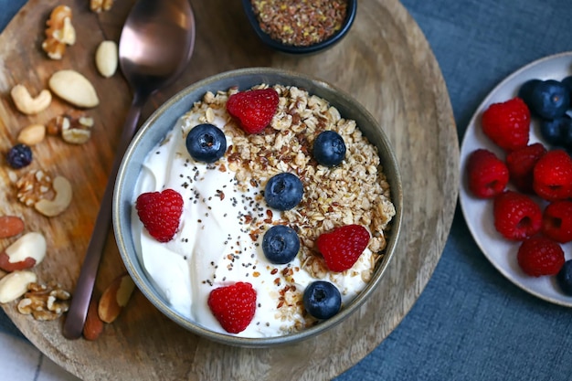 Breakfast bowl Fresh homemade yogurt with seeds nuts and berries Keto diet