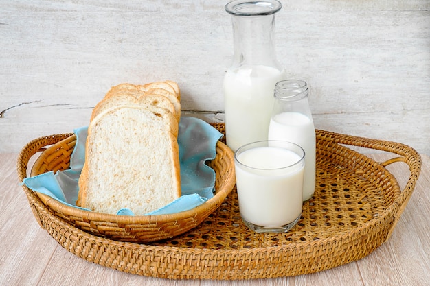 breakfast. Bread with milk in a basket