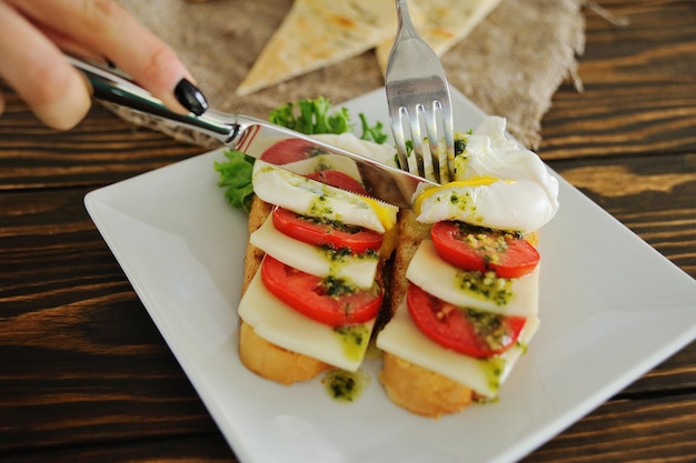 Breakfast bread with poached egg