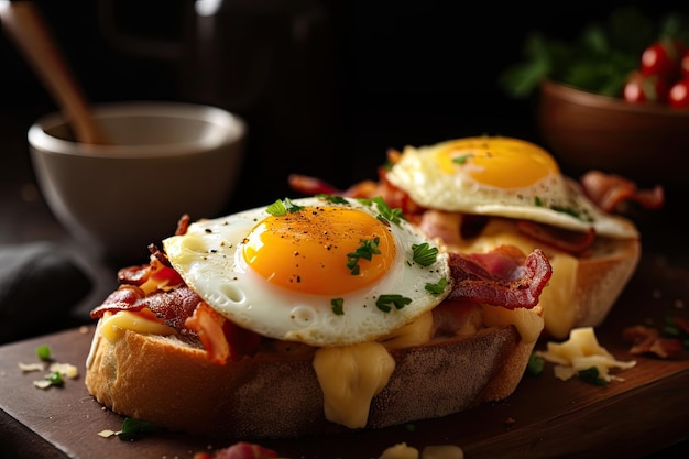 Breakfast bruschetta with bacon egg and cheese