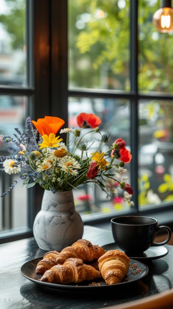 Breakfast in a cafe Fragrant coffee in a black cup crispy croissants and a vase with wildflowers on a black wooden table