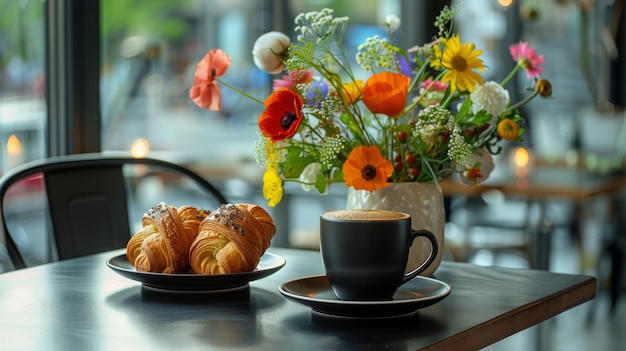 Breakfast in a cafe Fragrant coffee in a black cup crispy croissants and a vase with wildflowers