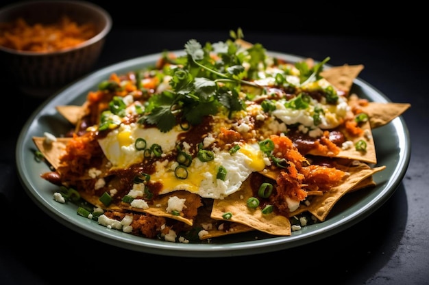 Photo breakfast chilaquiles with scrambled eggs