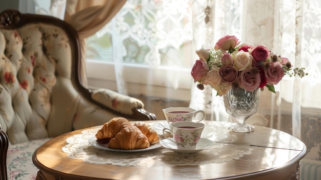 Breakfast in a cozy veranda on a wooden table a cup of tea and crispy croissants a bouquet