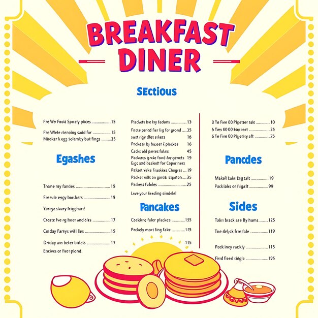 Breakfast Diner Menu Featuring Bright Cheerful Colors and Retro Patterns Sections Include Egg D