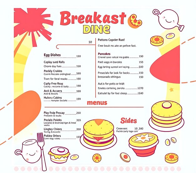 Breakfast Diner Restaurant Menu Featuring Bright Cheerful Colors and Retro Patterns Sections In