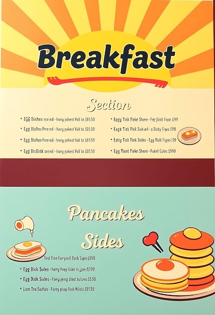 Breakfast Diner Restaurant Menu Featuring Bright Cheerful Colors and Retro Patterns Sections In