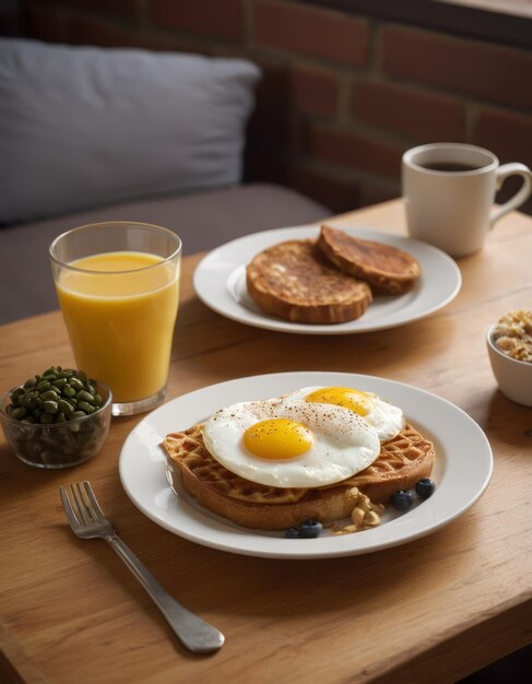 Photo a breakfast of eggs eggs and coffee are on a table