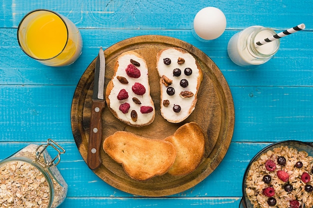 Breakfast of french toast with fresh berries. Healthy food for Breakfast. Top view. Copy space