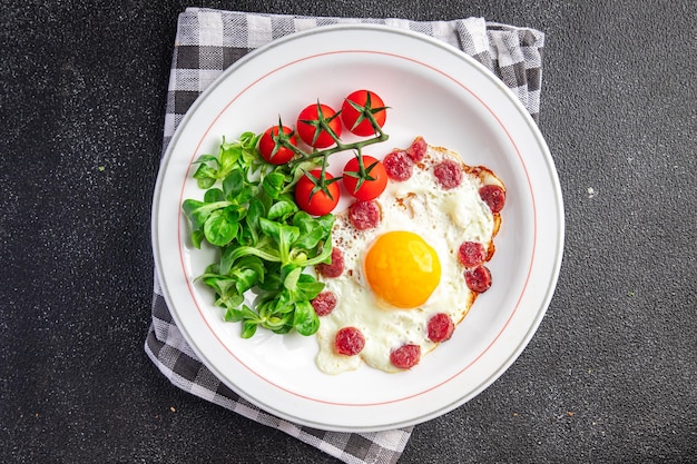 breakfast fried egg sausage, vegetable fresh meal snack on the table copy space food background