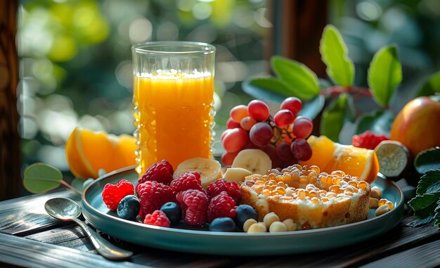 Photo breakfast of fruit and toast healthy breakfast