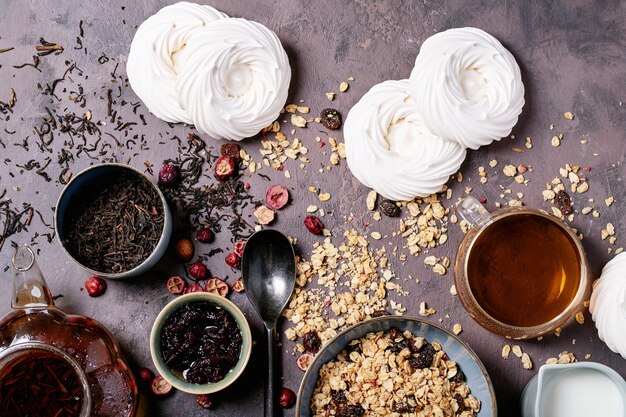 Breakfast granola in ceramic bowl