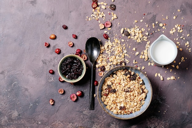 Breakfast granola in ceramic bowl